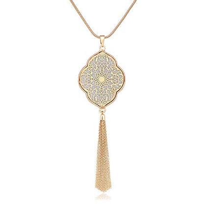 MOLOCH Long Necklaces For Woman Disk Circle Pendant Necklaces Tassel Fringe Necklace Set Statement Pendant - color: quatrefoil-shaped-gold