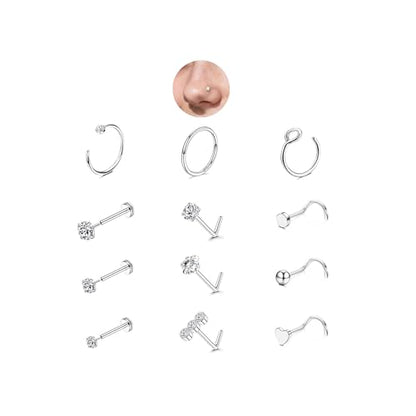 20G Nose Rings Hoop Set for Women, 12PCS Hypoallergenic Stainless Steel Comfortable for Ear Stack Daily Wear Dainty Non Tarnish Nose Hoop Stud Set, L Shaped CZ Threadless Flat Back Nose Stud Piercing Jewelry - color: 20G(0.8MM)-Sliver