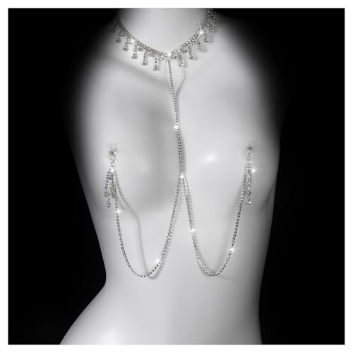 Rhinestone Tassel Choker Necklace Sexy Non Piercing Nipple Jewelry Summer Beach Chest Body Chain Crystal Nipple Body Accessories Jewelry for Women - color: Silver