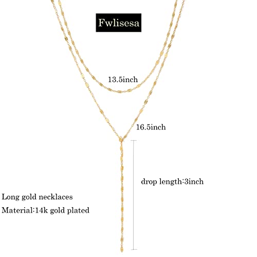 Gold Necklace for Women, Dainty Long Necklace 14k Gold Plated Lariat Long Necklaces for Women Trendy Simple Statement Drop Necklace Fashion Body Chain Prom Jewelry Gold Accessories - color: 14-Gold
