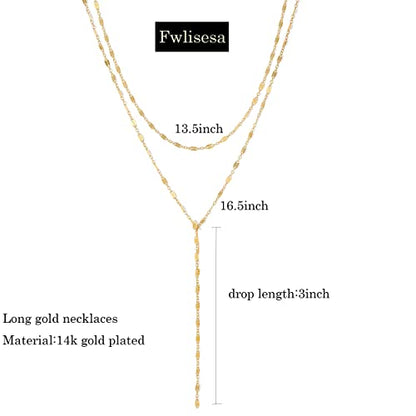 Gold Necklace for Women, Dainty Long Necklace 14k Gold Plated Lariat Long Necklaces for Women Trendy Simple Statement Drop Necklace Fashion Body Chain Prom Jewelry Gold Accessories - color: 14-Gold