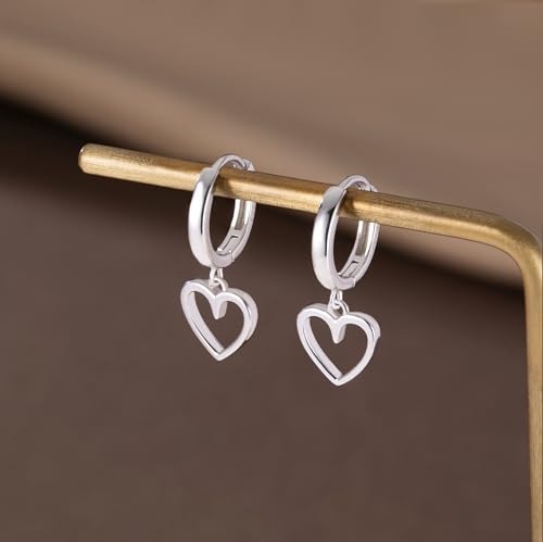Reffeer Solid 925 Sterling Silver Heart Drop Earrings Hoop for Women Teens Heart Hoop Earrings Huggie Drop Earrings - color: A-Silver