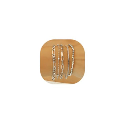 Wgoud Waterproof Gold Bracelets for Women Trendy, Dainty 14K Real Gold Plated Fashion Stackable Bracelet Sets for Women Thin Cuban Link Paperclip Chain Bracelets Layered Gold Jewelry Sets Gifts for Womens - color: 5Pcs Silver Bracelet