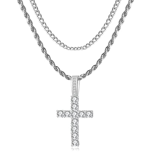 GEMOSA Cross Necklace for Men, Cuban Link Layered Rope Chain Silver/Gold/Black - color: Silver, size: 22/24inch
