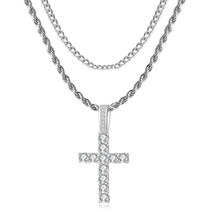 GEMOSA Cross Necklace for Men, Cuban Link Layered Rope Chain Silver/Gold/Black - color: Silver, size: 22/24inch