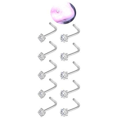 20G Nose Rings Studs for Women Corkscrew Sliver Nose Studs Hypoallergenic Nose Rings 316L Stainless Steel Nose Nostril Percing Jewely for Women Men Round Square CZ Imitation Diamond 1.5mm/2.0mm/2.5mm/3.0mm - style: 20G-L-Shape-sliver-2.5mm
