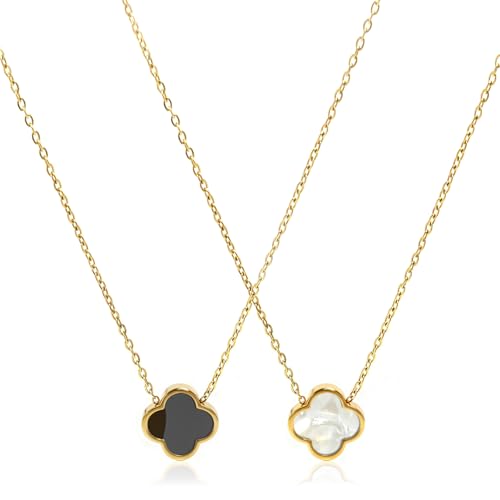Four Leaf Clover Necklace 18K Gold Plated Necklaces for Women Lucky Flower Pendant Adjustable Link Chain Stainless Steel Dainty Trendy Simple Jewelry Gifts for Women - color: 1G-Black+White