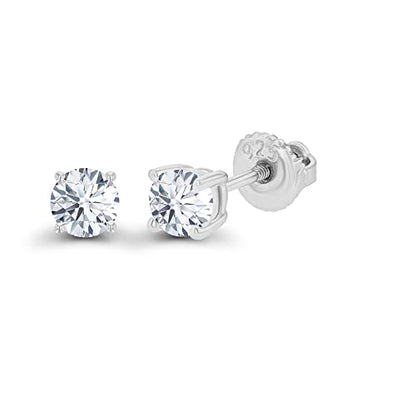 14K Gold Plated 925 Sterling Silver Hypoallergenic 4mm Round Genuine Birthstone Solitaire Screwback Stud Earrings - color: White Sapphire Created