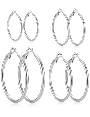 4/5/6 Pairs Gold Hoop Earrings for Women, Hypoallergenic Silver Gold Plated Stainless Steel Huggie Hoop Earrings Set Trendy Jewelry Gifts Lightweight 30/40/50/60/70MM - color: 4 Pairs silver Plated Hoop Earrings-30/40/50/60