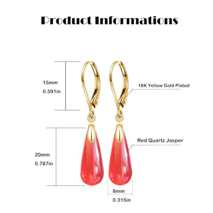 Natural Waterdrop Stone Drop Earrings,Yellow Gold Plated Real Genuine Teardrop Crystal Quartz Gemstone Dangle Earrings for Women Her - color: B04_Red Quartz Jasper