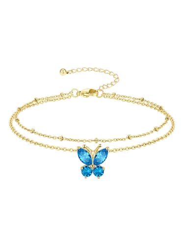 Richsteel Double Layer Heart/Butterfly Birthstone Anklet for Women | Non Tarnish Waterproof, Silver/Gold/Black Stainless Steel 8.5-10.5 Inch Adjustable Chain Anklets Summer Beach Foot Jewelry - color: Gold Butterfly-12 Dec.(Blue Topaz)