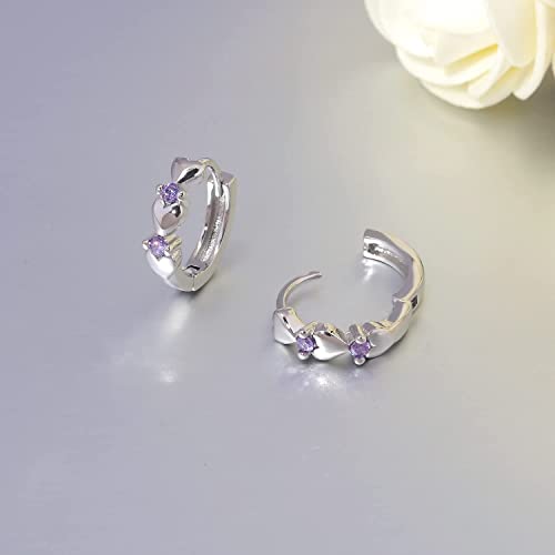CiNily 14K White Gold Plated Small Hoop Earrings for Women Girls Heart Cubic Zirconia Hypoallergenic Earrings - color: Silver-purple