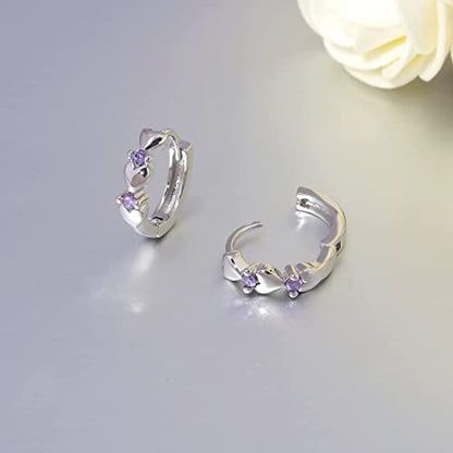 CiNily 14K White Gold Plated Small Hoop Earrings for Women Girls Heart Cubic Zirconia Hypoallergenic Earrings - color: Silver-purple