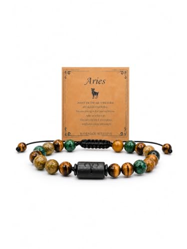 Zodiac Bracelet for Women and Men, Zodiac Sign Natural Stone Beaded Bracelet, Adjustable Horoscope Astrology Bracelet with Zodiac Card, Birthday Gift for Her Him - color: Aries
