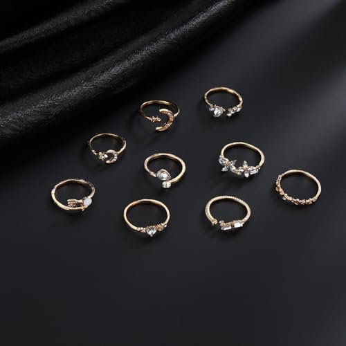 HUASAI Gold Stackable Rings Set for Women Boho Dainty Moon Star Pearl Leaf Cubic Zirconia Heart Midi Pinky Trendy Jewelry Birthday Gifts - color: E Gold Rings 9 Pcs