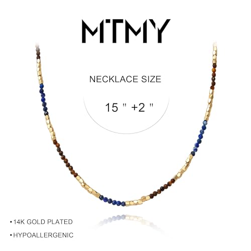 MTMY Beaded Gemstone Choker Necklace for Women | 14K Gold Plated, Colorful Natural Stone, Bead Chain, Boho Summer Beach, Handmade Jewelry - color: Lapis Lazuli & Tiger's Eye