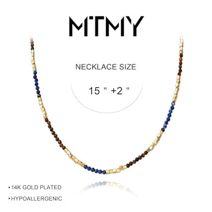 MTMY Beaded Gemstone Choker Necklace for Women | 14K Gold Plated, Colorful Natural Stone, Bead Chain, Boho Summer Beach, Handmade Jewelry - color: Lapis Lazuli & Tiger's Eye