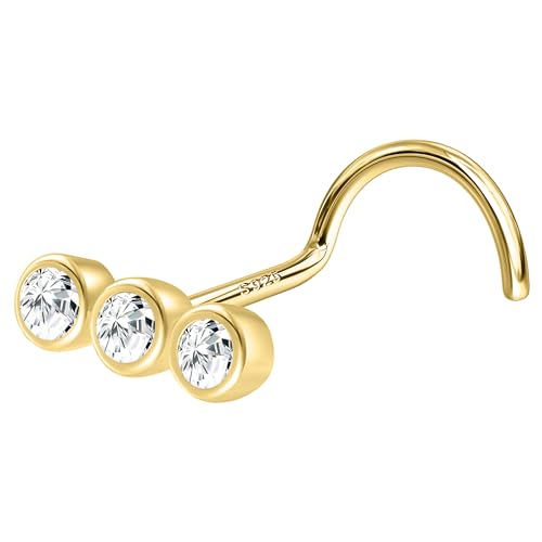 925 Sterling Silver Nose Stud 20G Corkscrew Nose Ring Tiny Nose Studs Gold Nose Stud Hypoallergenic Nose Piercings for Women - color: Straight CZ