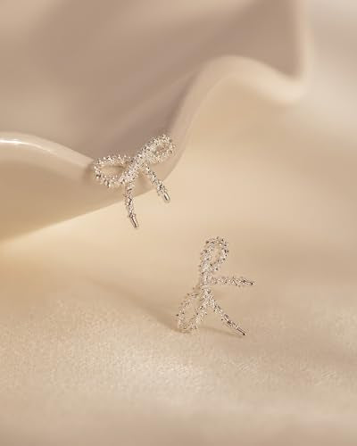 Stud Earrings for Women- 14K Gold/White Gold Plated/Black Bow Dragon Softball Snake Bat Stud Earrings - color: Silver Sparkling Bow