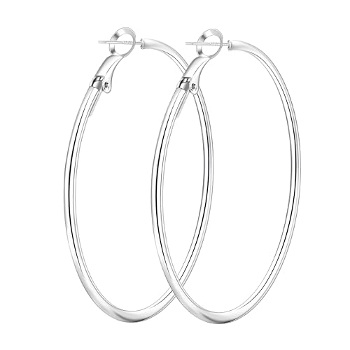Lightweight Surgical Stainless Steel Hoop Earring for Women, Silver Hoop Earrings for women,925 Sterling Silver Post Hypoallergenic, Daily Wear Versatile Hoops 25/30/40/50mm - size: 60mm