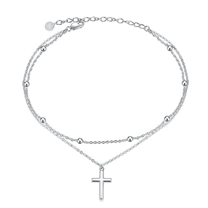 925 Sterling Silver Cat Butterfly Anklets Double Layered Chain for Birthday Women Ankle Bracelet Summer Beach Dainty Jewelry - style: B-Cross Anklet