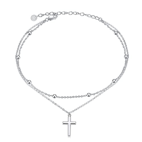 925 Sterling Silver Cat Butterfly Anklets Double Layered Chain for Birthday Women Ankle Bracelet Summer Beach Dainty Jewelry - style: B-Cross Anklet