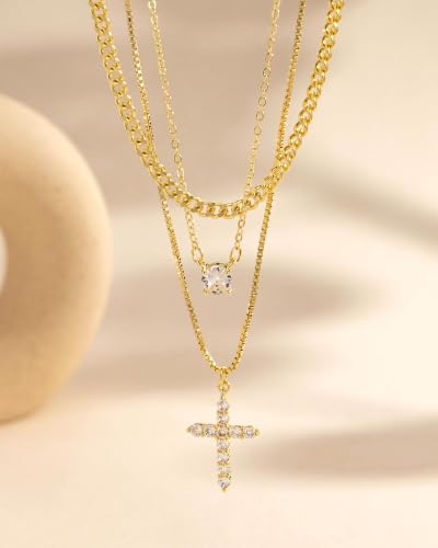 Gold Necklace Stack, Layered Gold Necklaces for Women Jewelry Set | 14K Gold Plated, Separate Chains, Pendant, Dainty, Non Tarnish, Delicate, Chain, Multi, Gift - color: 3 Layer-Cross Gold