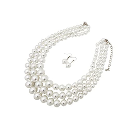 Fashion 21 Women's Faux Pearl Three Multi-Strand Statement Necklace and Earrings Set - color: White