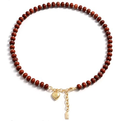 Boho Gemstone Beaded Necklace for Women – Colorful Natural Stone Choker 18K Solid Heart-Shaped Pendant, Summer Beach Jewelry - color: Red Jasper