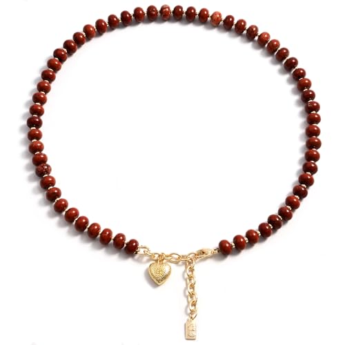 Boho Gemstone Beaded Necklace for Women – Colorful Natural Stone Choker 18K Solid Heart-Shaped Pendant, Summer Beach Jewelry - color: Red Jasper
