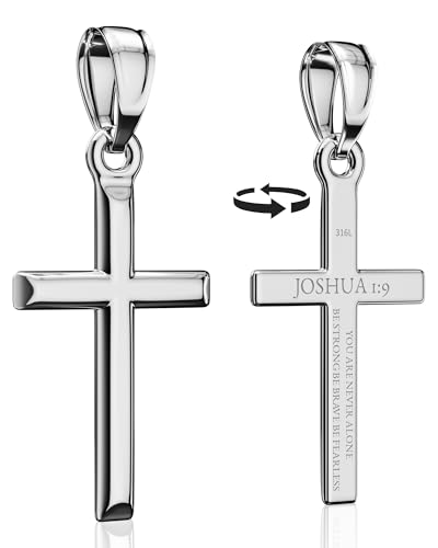 Cross Pendant Necklace with Bible Verse - Top-grade 316L Stainless Steel, Sleek Polished Design, Skin-friendly, Christian Jewelry for Men and Women - color: Elegant Silver, size: Small, style: JOSHUA 1:9