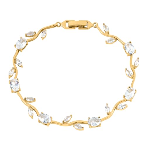 Tulip Flower Bracelet for Women 14K Gold Plated Stainless Steel with Colorful Cubic Zircon Dainty Cute Pink Rose Floral Jewelry Gift for Her Crystal Flower Leaf Bracelets -7.5inch/190mm - color: White Gold