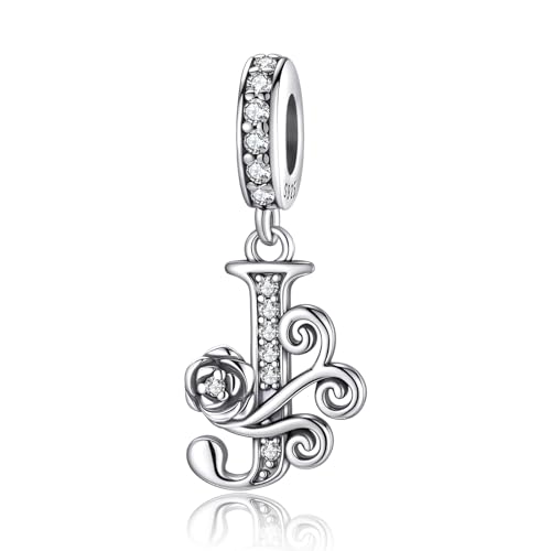 HappyStar 925 Sterling Silver Letter Charms for Bracelets Rose Alphabet Initial Dangle Pendants Fit for Pandora Charms Bracelet Charms Beads Jewelry Gifts for Women - color: Alphabet J