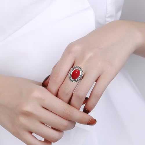 Natural Oval Stone Boho Ring,Retro Antique S925 Sterling Silver Crystal Quartz Gemstone Bohemian Statement Handmade Ring Jewelry for Women Her - color: B03_Red Quartz Jasper