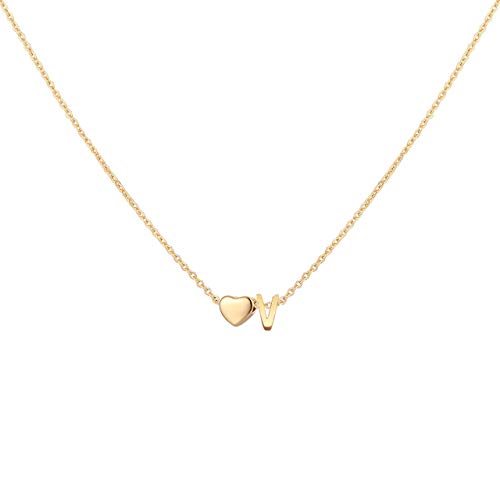 Glimmerst Initial Heart Necklace 18K Gold Plated Stainless Steel Tiny Heart Letter Necklace Personalized Monogram Name Necklace for Women - style: V