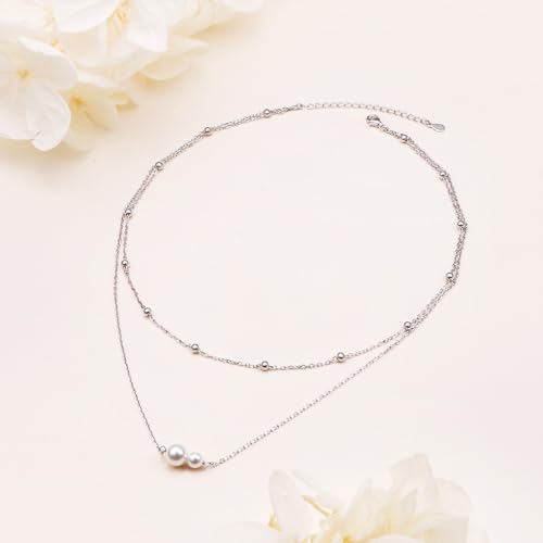 Yearace Choker Necklaces for Women S925 Sterling Silver Sideways Cross/Butterfly/Handcuffs/Infinity Interlocking/Chakra Choker Necklace Dainty Sideways Cross Necklace Jewelry Gift - style: Layered Pearl 16+14+2''