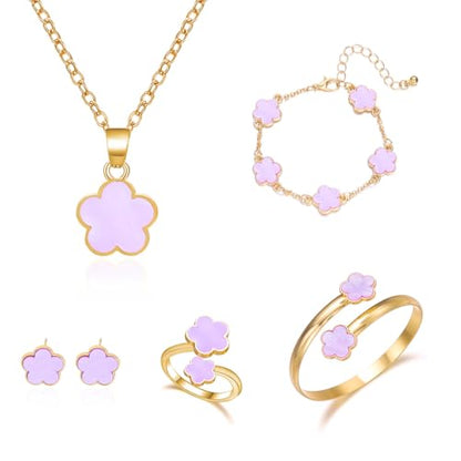 Clover Jewelry Set for Women Non Tarnish Gold-Tone Five Leaf Clover Necklace, Earrings, Ring, Bracelet Fashion Simple Floral Jewelry Set - color: Purple