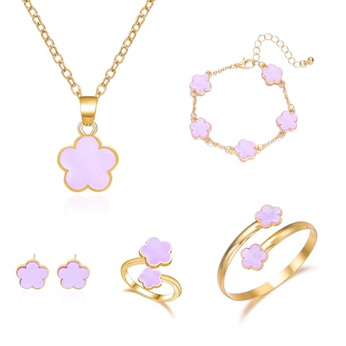 Clover Jewelry Set for Women Non Tarnish Gold-Tone Five Leaf Clover Necklace, Earrings, Ring, Bracelet Fashion Simple Floral Jewelry Set - color: Purple