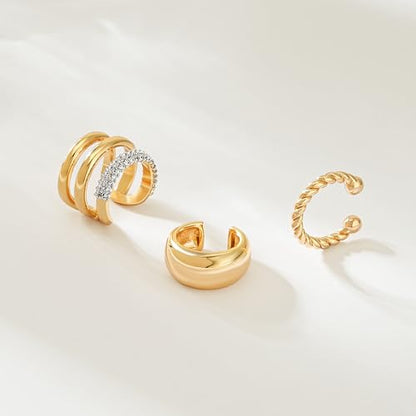 MEVECCO Ear Cuffs Non Piercing 18K Gold Plated Ear Cuff Earring Sets Clip on Cartilage Cubic Zirconia Pearl Minimalist Hypoallergenic Fake Hoop Earrings Stack Women Gifts - style: 3pcs-Tripe