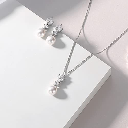 Wedding Jewelry for Bride Bridesmaid, Pearl Dangle Earrings and Pendant Necklace Set Bridal Jewelry for Promise Wedding Party - color: 4#Silver-Necklace/Earrings