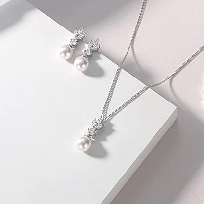 Wedding Jewelry for Bride Bridesmaid, Pearl Dangle Earrings and Pendant Necklace Set Bridal Jewelry for Promise Wedding Party - color: 4#Silver-Necklace/Earrings