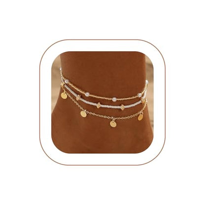 Ankle Bracelets for Women 14K Gold/Silver Plated Cross Heart Bead Anklet Waterproof Adjustable Chain Non Tarnish Cute Boho Trendy Dainty Summer Beach Foot Jewelry Gift for Her - style: 3 Layered Pearl&Disc-GD