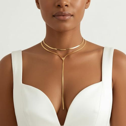 Chunky Gold Choker Necklace for Women, Double Layered Trendy Statement Y Necklace Long Snake Chain Drop Silver Necklaces Tassel Charm Prom Jewelry Accessories Gifts - color: 18K Gold