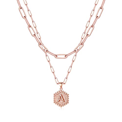 M MOOHAM Dainty Initial Necklaces for Women, 14K-Gold-Plated Layering Necklace for Women Cute Hexagon Letter Initial Necklace Layered Necklaces for Womens Teen Girl Gifts - color: Rose Gold Plated, style: A’