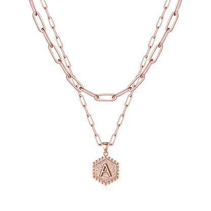 M MOOHAM Dainty Initial Necklaces for Women, 14K-Gold-Plated Layering Necklace for Women Cute Hexagon Letter Initial Necklace Layered Necklaces for Womens Teen Girl Gifts - color: Rose Gold Plated, style: A’