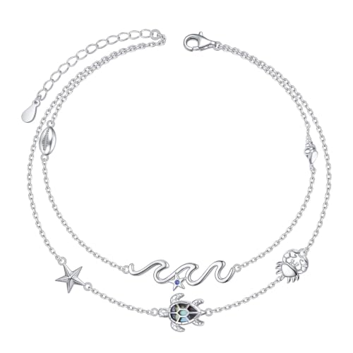 FLYOW Sea Turtle Wave Cowrie Shell Layered Anklet Bracelet Sterling Silver | Adjustable 9-11 Inch Natural Abalone Shell Starfish Crab Boho Beach Summer Jewelry, Birthday Holidays Gifts for Women