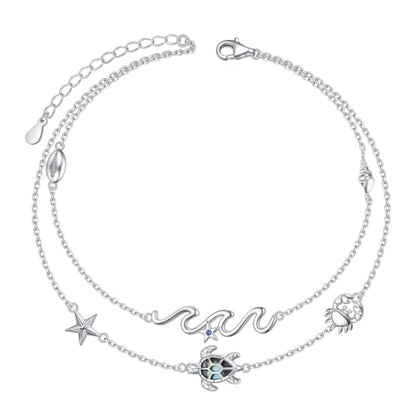 FLYOW Sea Turtle Wave Cowrie Shell Layered Anklet Bracelet Sterling Silver | Adjustable 9-11 Inch Natural Abalone Shell Starfish Crab Boho Beach Summer Jewelry, Birthday Holidays Gifts for Women