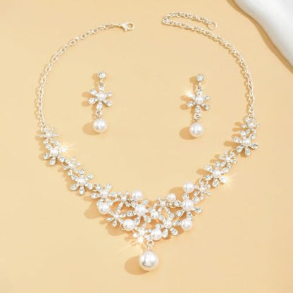 Dainty Faux Pearl Crystal Rhinestone Pendant Necklace Drop Earrings Set for Women,Sparkling Statement Necklace Earrings Romantic Wedding Bridal Jewelry Set