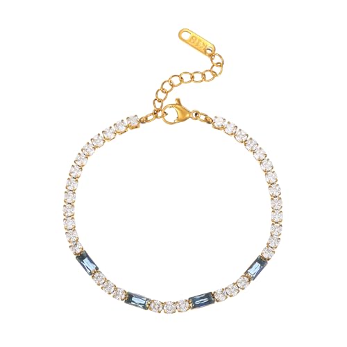Tennis Bracelet for Women 18K Gold Plated White Red Green Black Blue Pink 3mm Cubic Zirconia Bracelet Dainty Diamond Adjustable Bracelet Trendy Jewelry Gift - color: Blue Tennis-Gold
