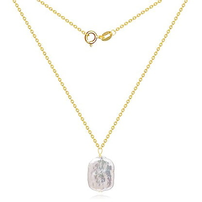 925 Sterling Silver Dainty Freshwater Cultured Pearl Choker Necklace White Genuine Real Pearl Charm Necklaces Jewelry Gifts for Her - color: Baroque-Square-Gold